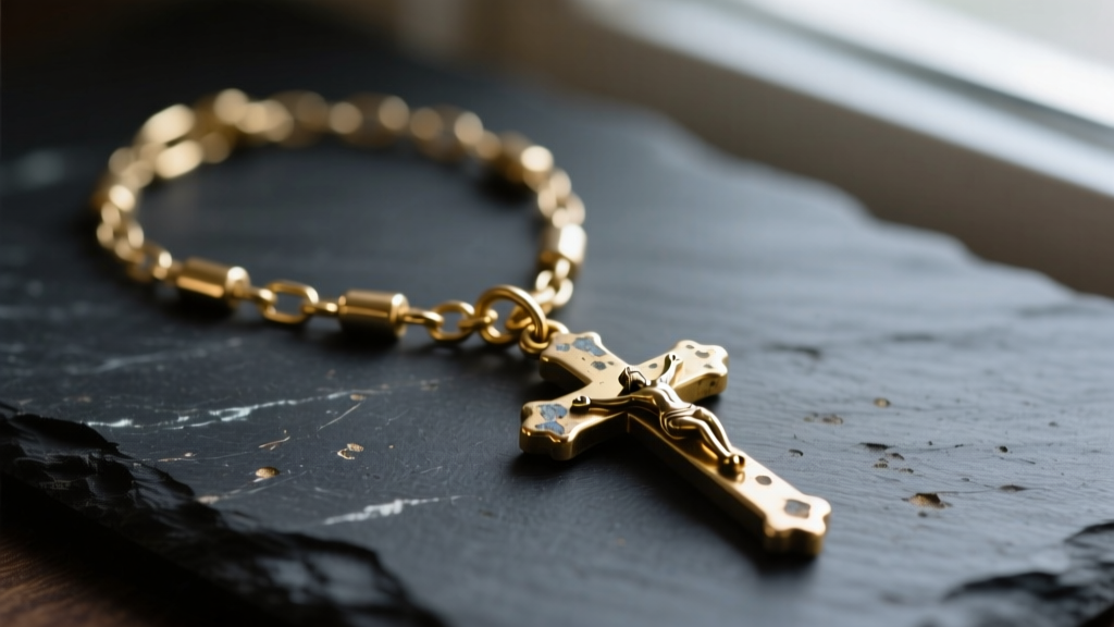 Close-up of a tarnished 14k white gold rosary necklace with a worn rhodium finish, laid flat on a dark slate surface for inspection