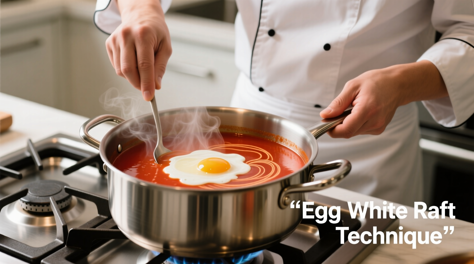 Chef clarifying tomato consomme using egg white raft technique