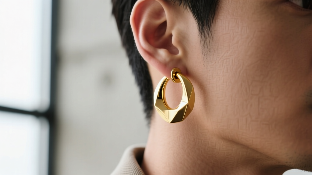 Close-up of an 18k yellow gold hoop earring on a man's ear, showing the high-polish finish and warm luster in natural daylight.