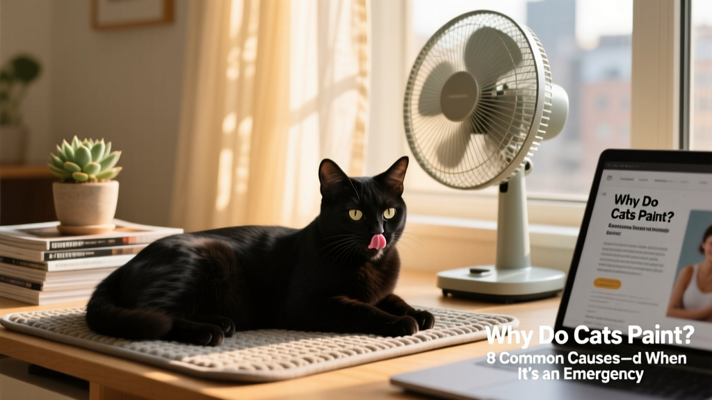 Cat resting on a cooling mat near a window with a fan nearby
