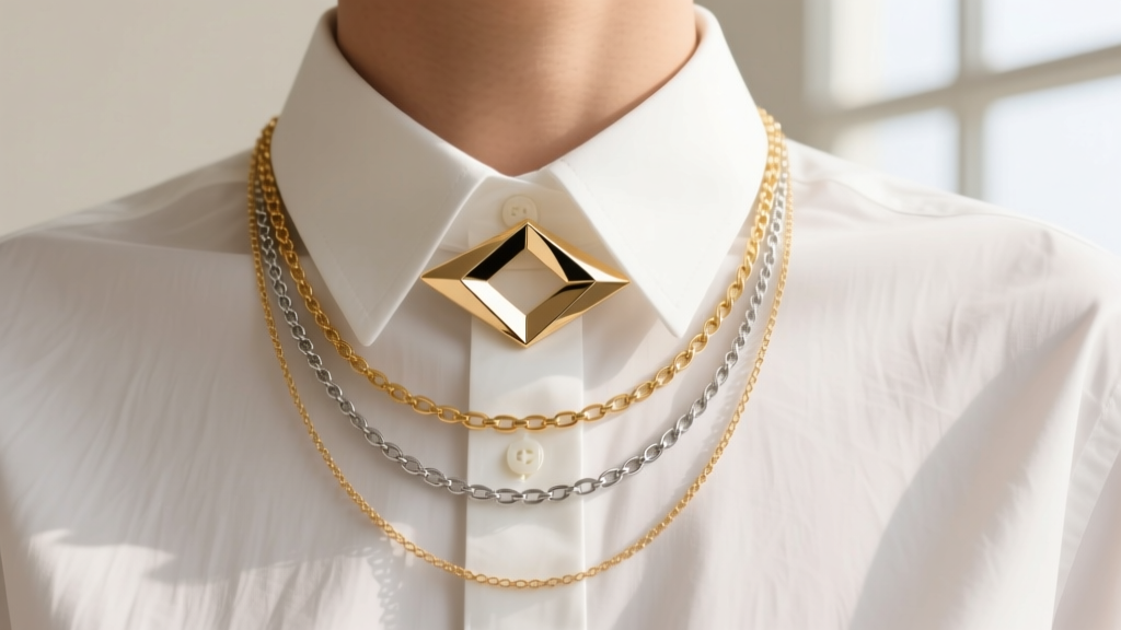 Editorial shot of layered necklaces with a front-facing geometric interlocking clasp worn over a crisp white button-down shirt
