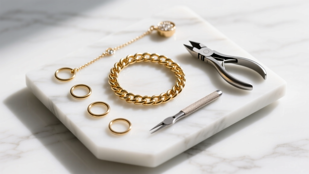 Overhead view of a DIY jewelry kit featuring 14k gold-filled chain, seamless jump rings, and flush cutters on a white marble slab