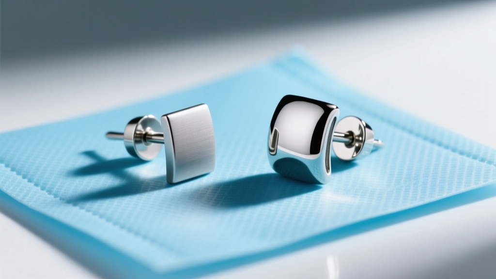 Side-by-side view of a dull surgical steel earring and a mirror-polished titanium earring resting on a sterile blue medical pad
