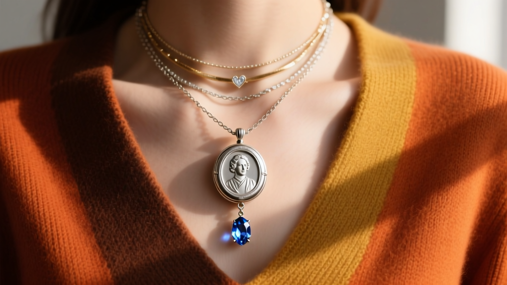 Layered romantic necklace stack with a locket and gemstone drop, styled with a deep V-neck cashmere sweater in warm autumn tones.