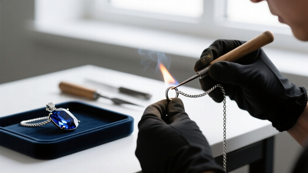 Jeweler soldering a jump ring on a silver rope chain, with a blurred heavy gemstone pendant resting softly in the background