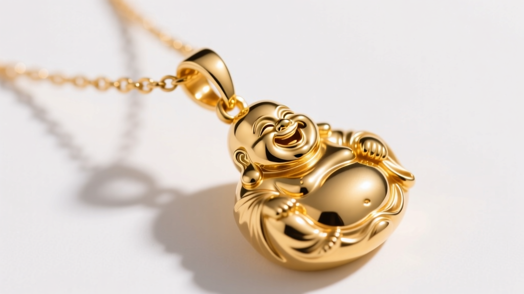 Side profile of 18k yellow gold laughing buddha necklace showing bail thickness, chain integration, and polished belly contour