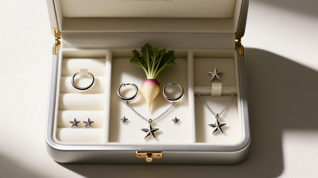Open anti-tarnish jewelry box with felt slots holding Turnip Head hoops and silver star dangles, viewed from directly above.
