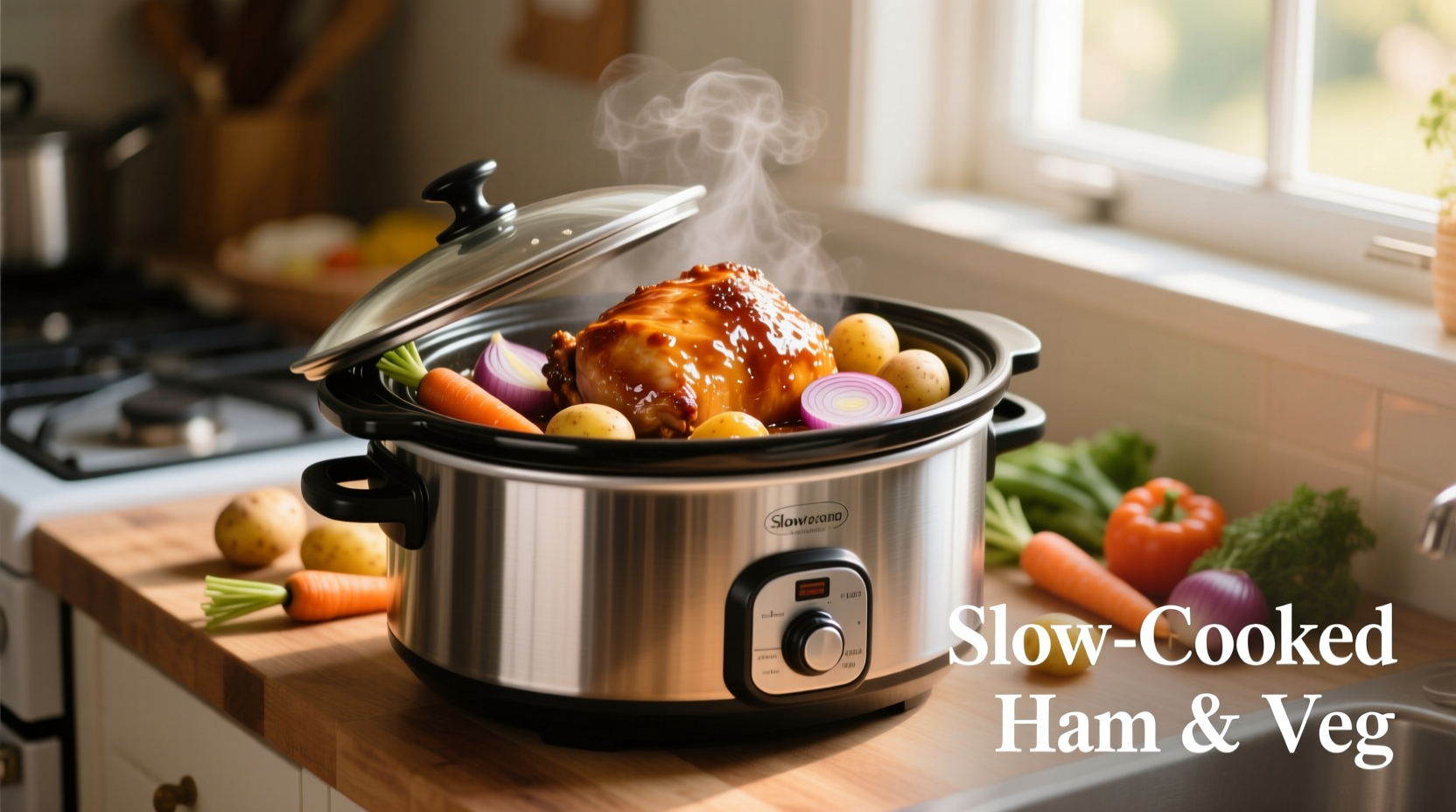 Slow cooker with glazed ham and vegetables
