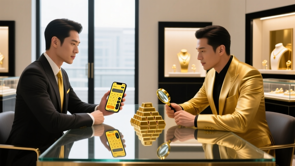 Person holding a smartphone displaying a gold cash calculator app while sitting across a desk from a gold buyer in a modern shop