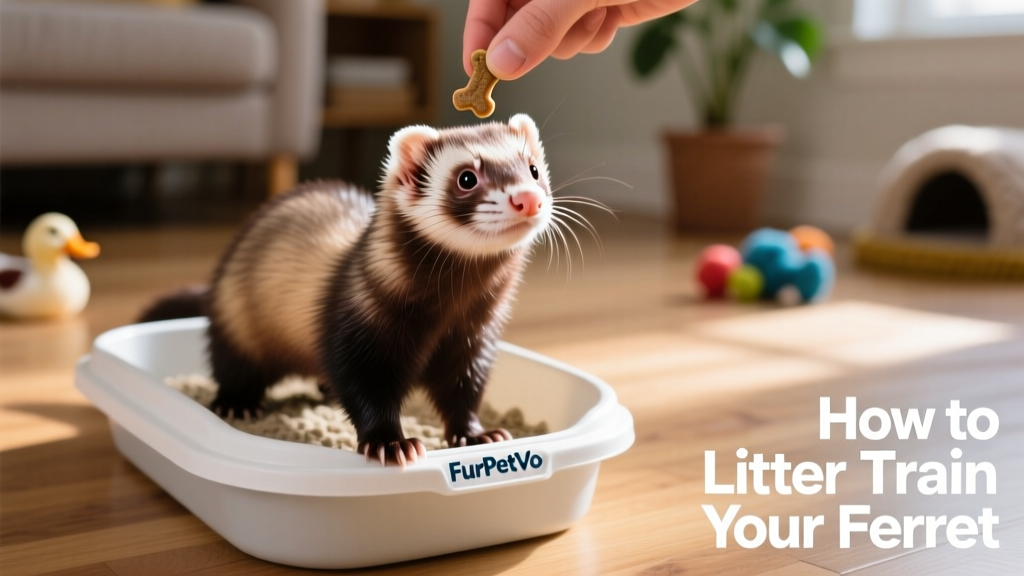 Close-up of a ferret stepping confidently into a FurPetVo litter pan while a hand holds a small duck treat nearby