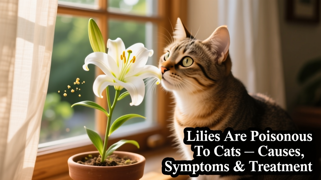 Close-up of a curious indoor cat sniffing near a potted lily plant on a windowsill