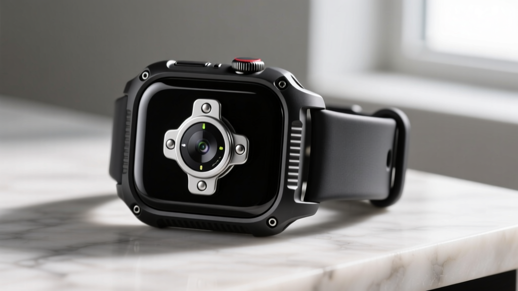 Side profile of a smartwatch with a rugged bumper case and an external sensor puck attached via a magnetic scavenger-style mount.