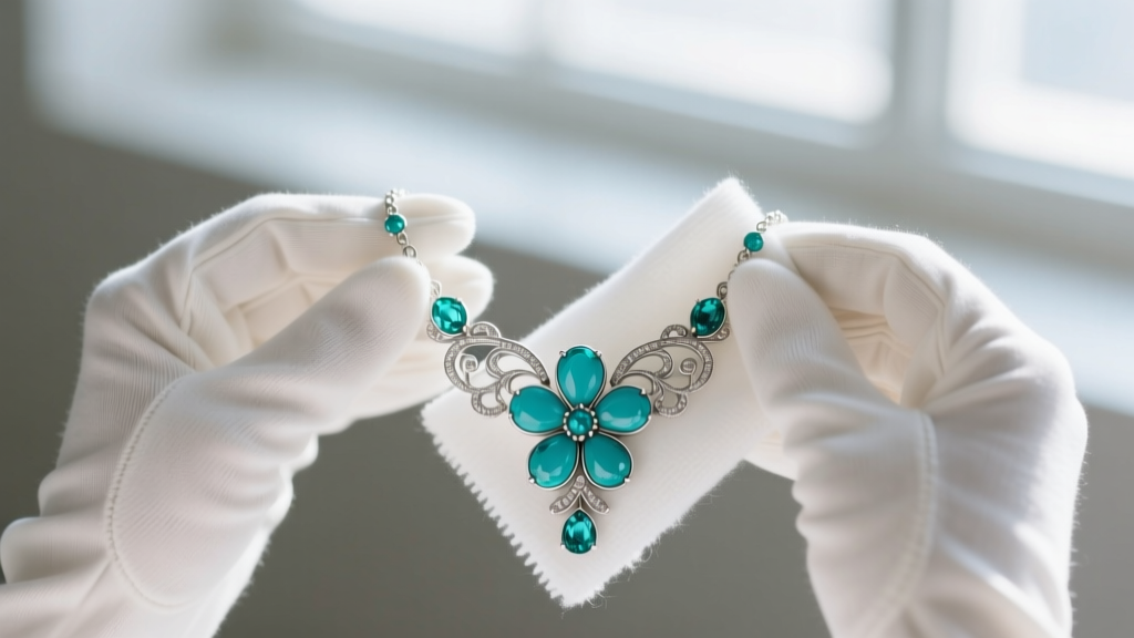 Hands in white cotton gloves gently wiping a turquoise and silver squash blossom necklace with a soft microfiber polishing cloth