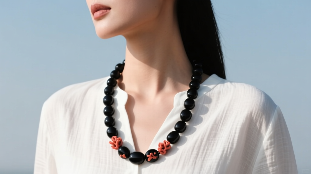 Woman wearing an 18-inch black coral bead necklace over a white linen blouse, showcasing high contrast and matte beads.