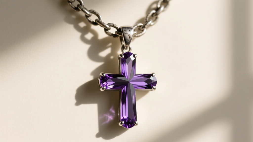 Tarnished sterling silver chain attached to a polished purple sapphire cross pendant, highlighting the contrast in metal oxidation