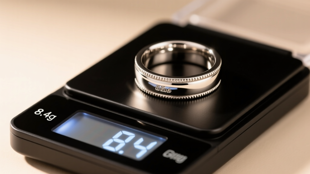 Close-up of a heavy platinum wedding band resting on a digital jeweler scale showing 8.4 grams, illuminated by warm studio lighting
