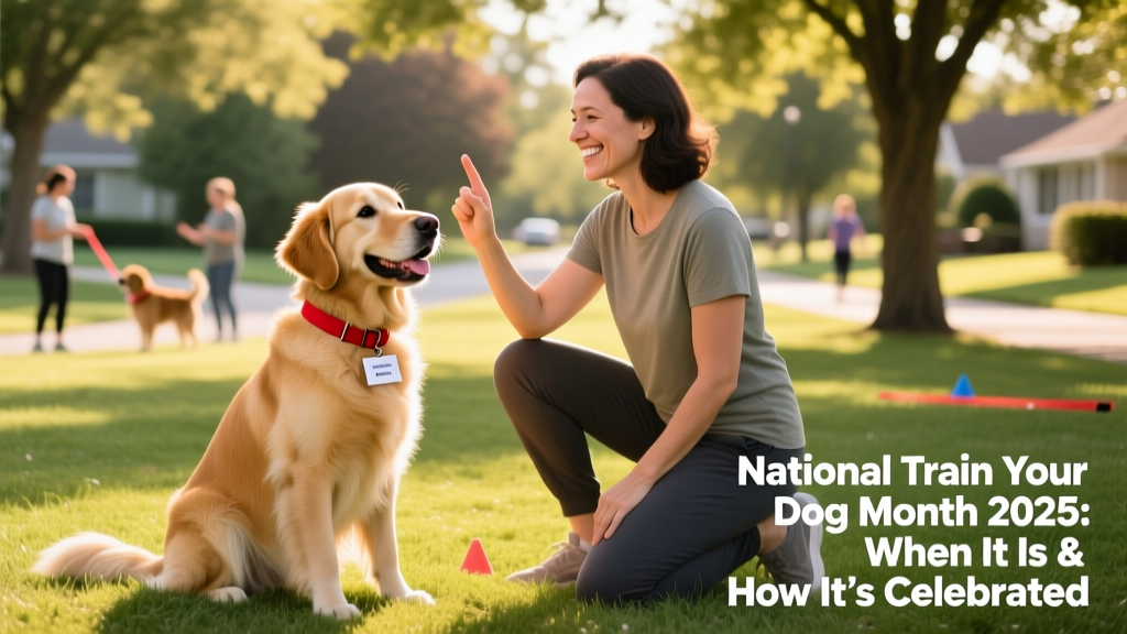 A joyful dog sitting attentively beside its owner during a sunny outdoor training session