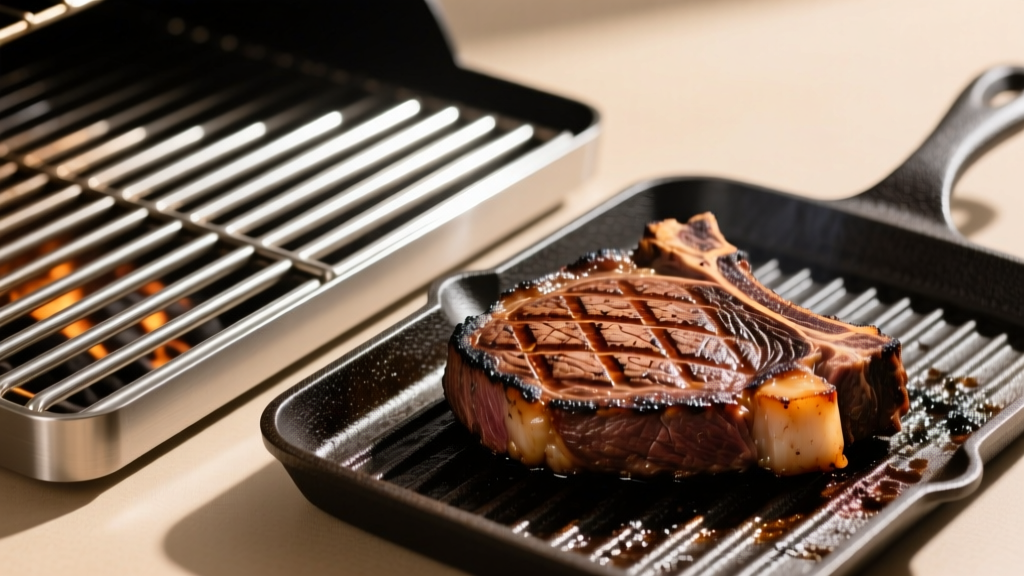 Thick 304 stainless steel BBQ grill grates glowing next to seasoned cast iron grates showing deep crosshatch sear marks on a steak.