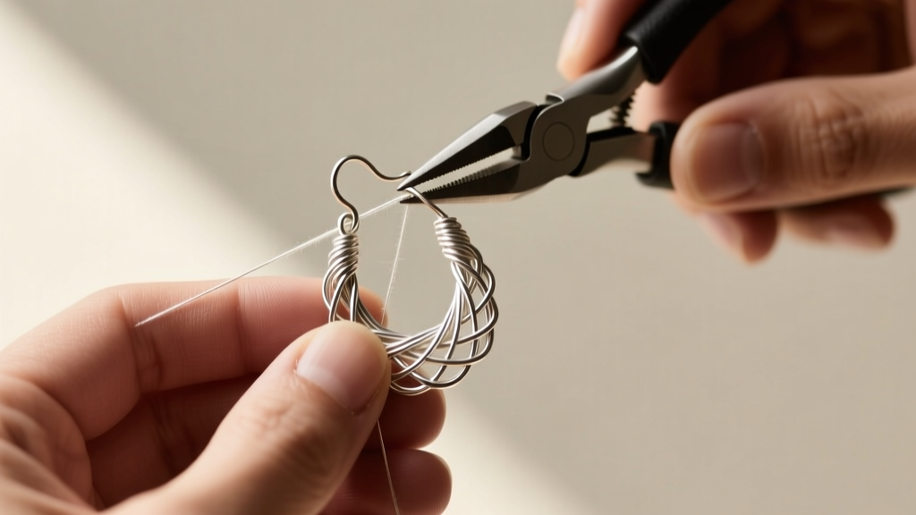 Artisan hands using nylon pliers to weave 26-gauge Argentium silver wire through an 18-gauge frame to create a woven earring