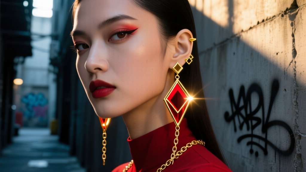Close-up of a model wearing long gold and scarlet dangle earrings inspired by anime, against a moody dark streetwear backdrop.