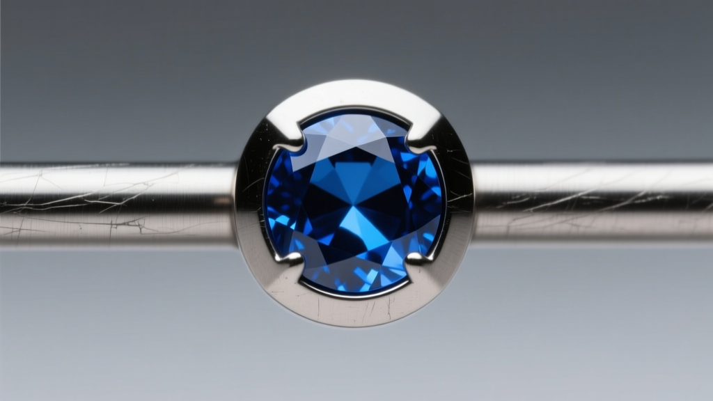 Macro shot of a threadless titanium industrial barbell end with a bezel-set sapphire gem, illuminated by soft studio lighting.