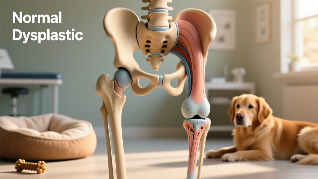 Veterinary illustration highlighting structural differences between normal and dysplastic hip joints in dogs