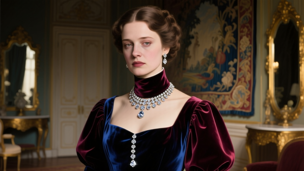 Elegant 19th-century Parisian woman wearing a glittering diamond riviere necklace, dramatic chiaroscuro lighting, oil painting