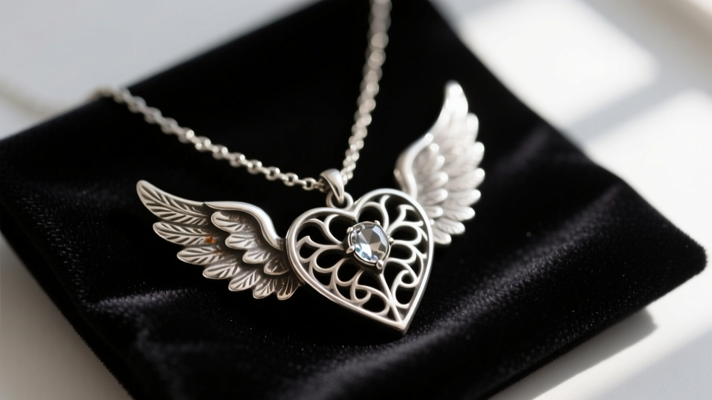 Close-up macro photo of a tarnished sterling silver angel wing heart necklace resting on a dark velvet jewelry polishing cloth.