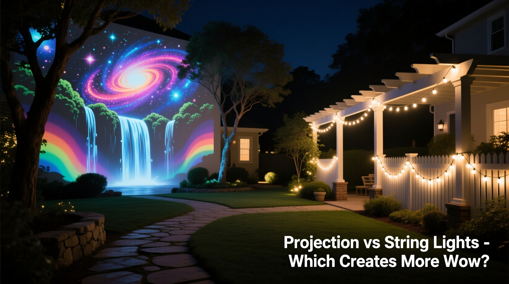 outdoor projection lights vs string lights which gives a bigger wow factor