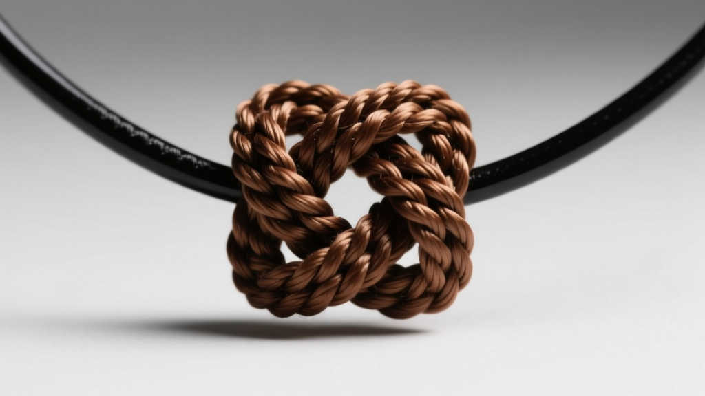 Close-up macro shot of a tightly woven brown nylon macrame sliding square knot on a black cord necklace, studio lighting