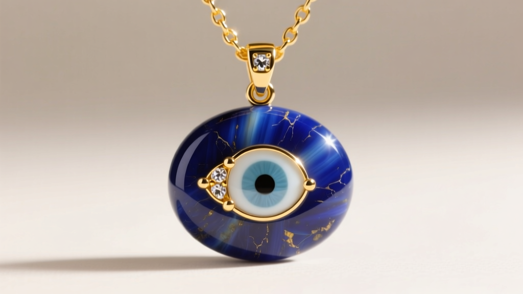 Macro shot of a polished lapis lazuli evil eye pendant with gold pyrite inclusions, hanging from a delicate 14k yellow gold chain.