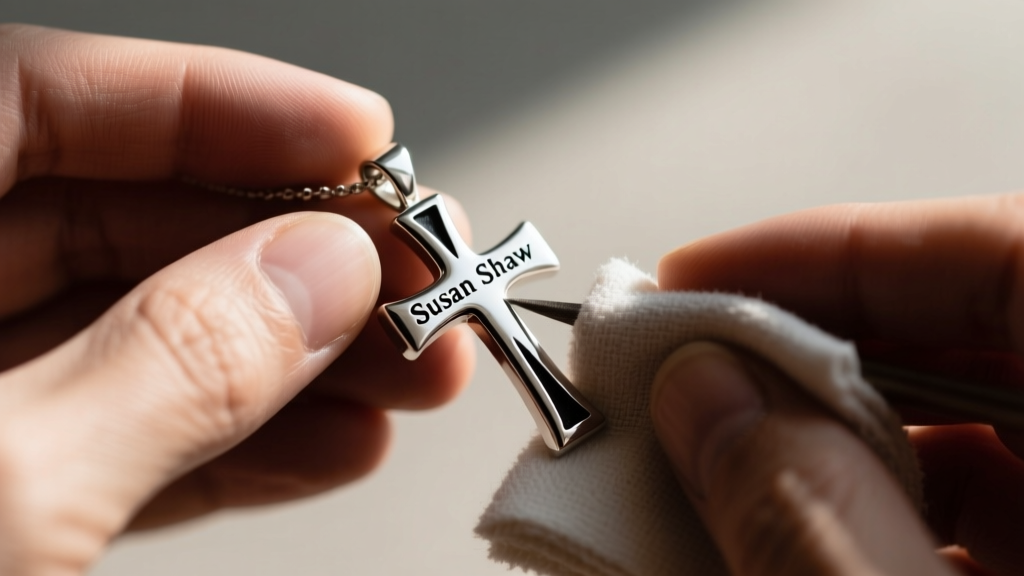 Hands polishing a Susan Shaw silver cross pendant with a microfiber cloth, carefully avoiding the dark oxidized crevices