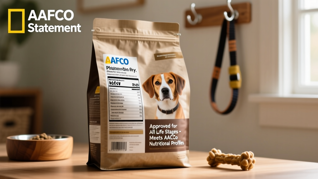 Close-up of a high-quality dry dog food bag with clear AAFCO nutritional statement and ingredient list