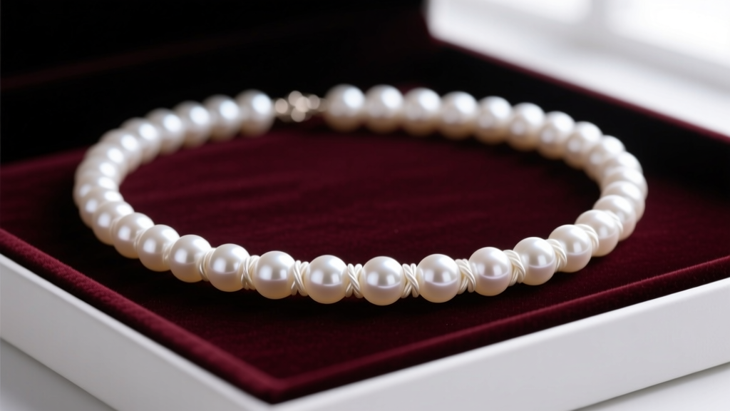 White Akoya choker pearl necklace on velvet showing sharp mirror luster and tight silk knots between perfectly round 7mm beads.