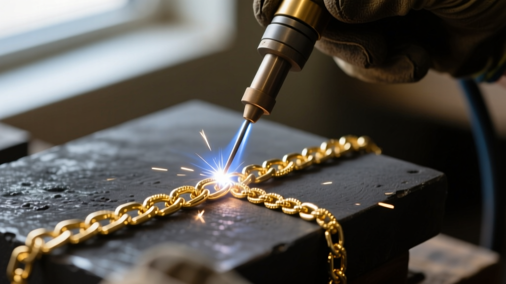 Close-up of a beginner using a micro-TIG permanent jewelry welder to fuse a delicate 14k gold-filled chain link on a dark mat.