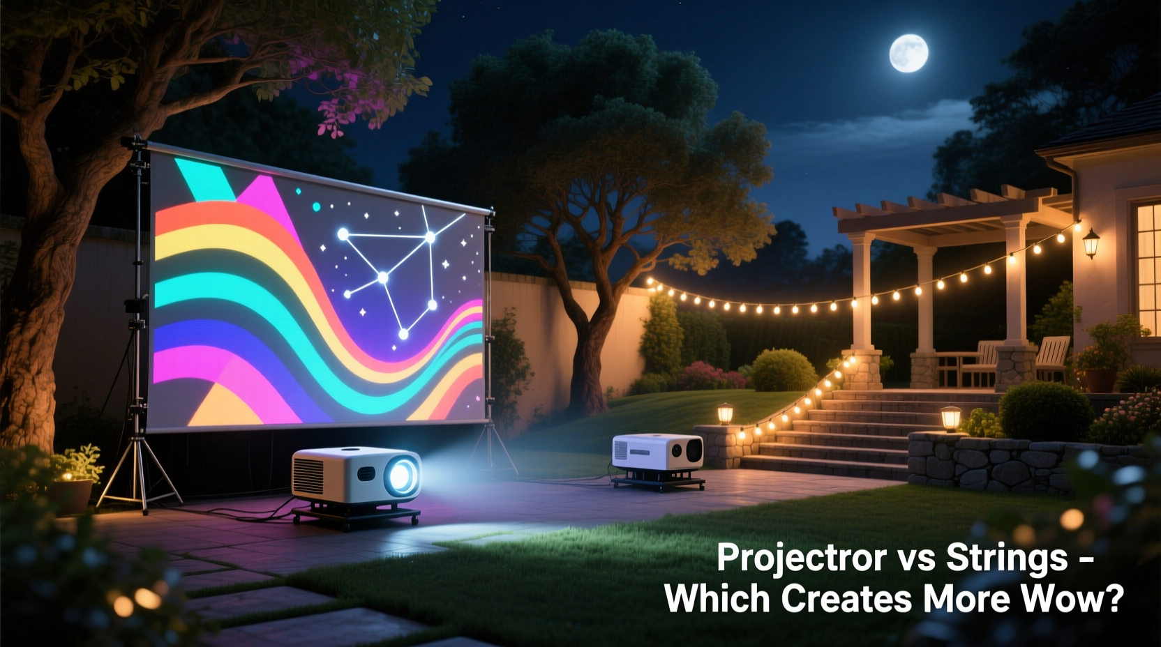 outdoor projector lights vs traditional strings which creates a bigger wow factor