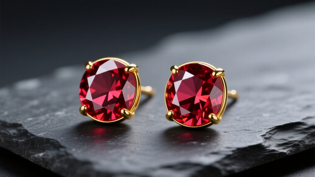Macro photo of vivid red natural spinel stud earrings in 14k yellow gold bezels resting on dark slate under soft directional light.