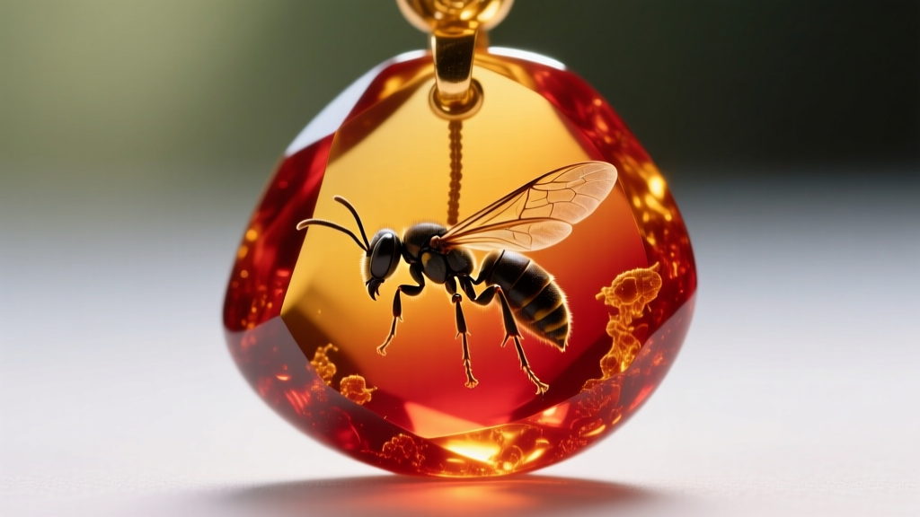 Transmitted light microscopy of natural Burmese red amber pendant containing a perfectly preserved prehistoric hymenopteran insect