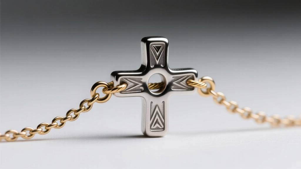 Macro view of a mini cross pendant bail with a 1.5mm hole and a 0.9mm rope chain threading through, high contrast studio lighting.