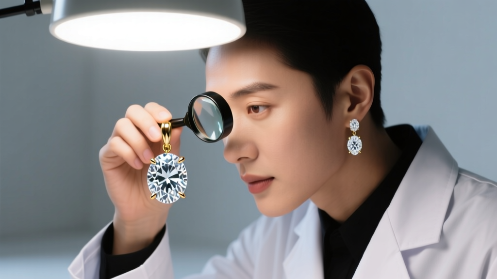 Jeweler using a 10x loupe to inspect prong tension on an oversized diamond drop earring under a bright halo lamp.