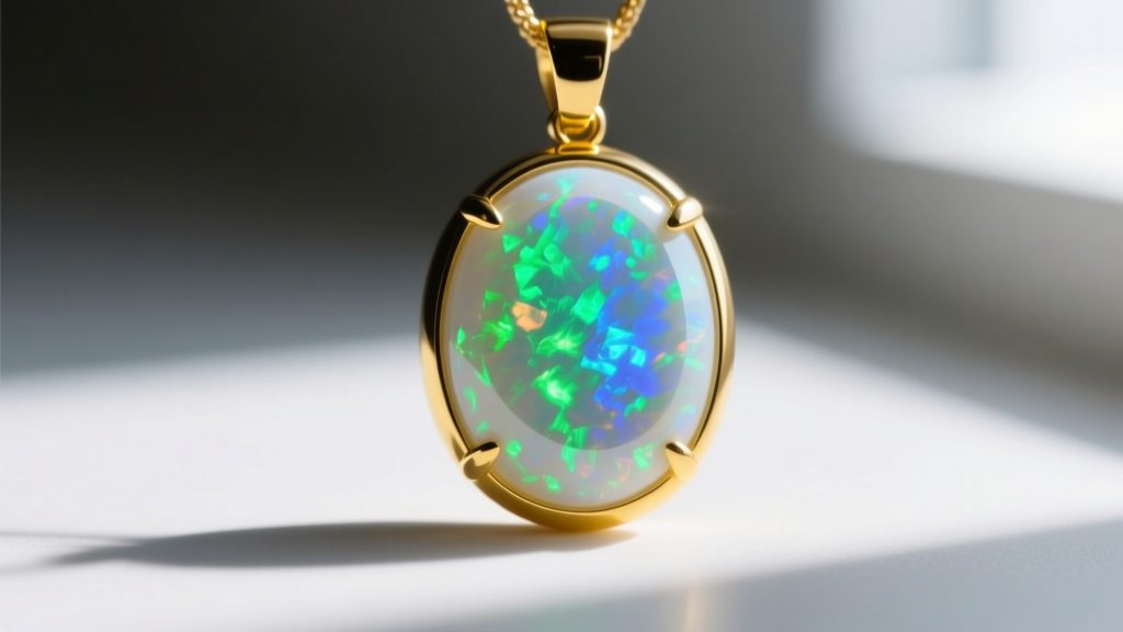 Close-up of a natural white opal pendant in a 14k yellow gold bezel, showing vibrant green and blue play-of-color.
