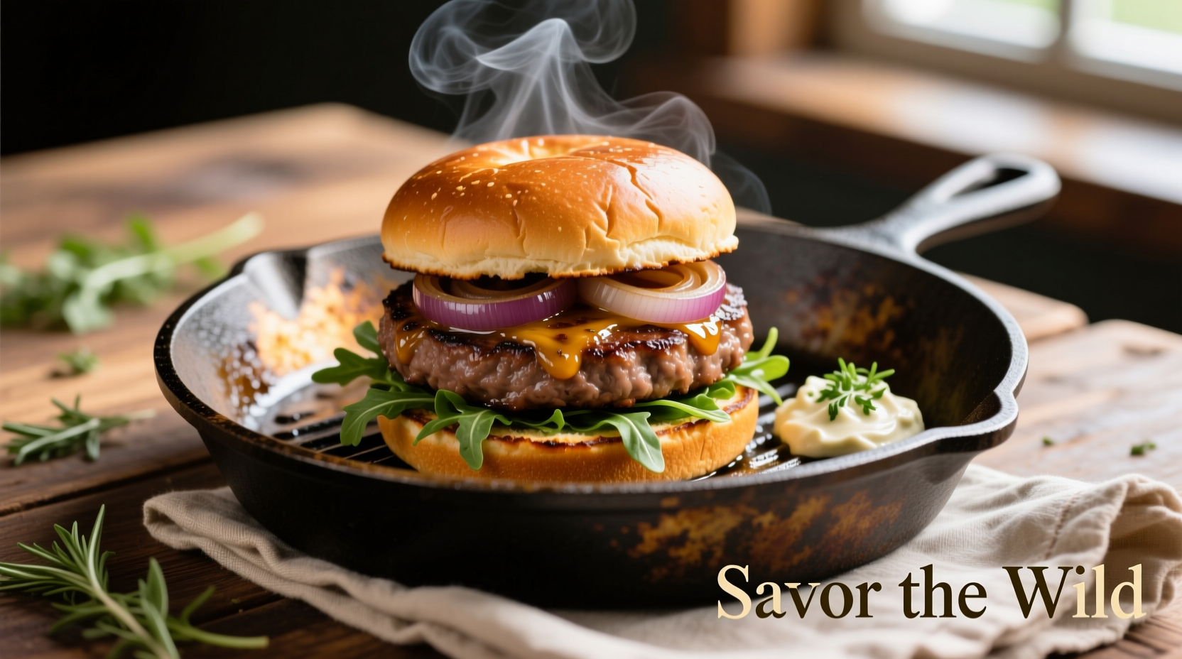 Perfectly cooked venison burgers on cast iron skillet