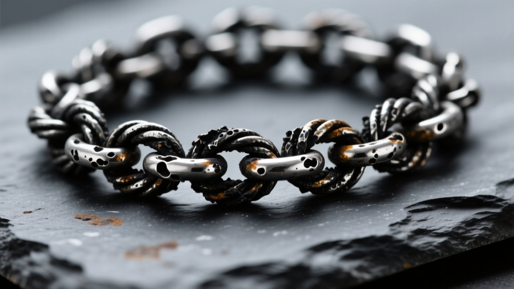 Close-up of heavily tarnished 925 sterling silver rope chain on dark slate, showing black silver sulfide buildup in the crevices.