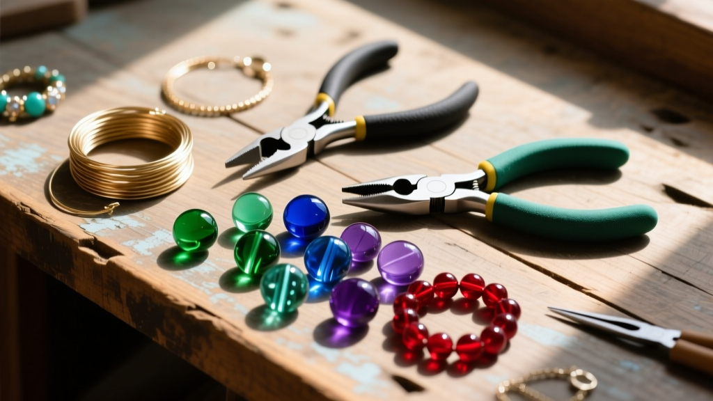 Flat lay of beginner costume jewelry crafts tools, brass wire, nylon pliers, and glass beads arranged on a rustic wooden workbench