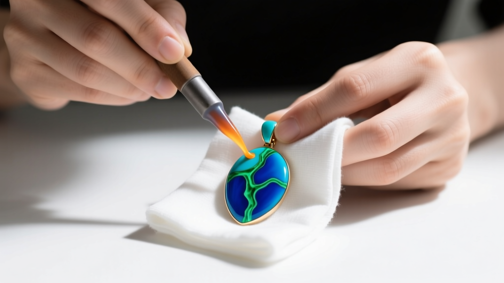 Jeweler applying wax to a turquoise pendant using a soft, lint-free white cotton cloth in a brightly lit studio.