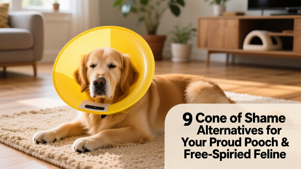 A gentle golden retriever wearing an inflatable e-collar while calmly resting on a rug