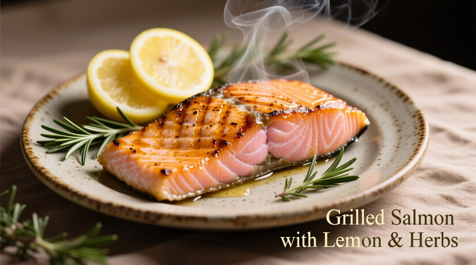 Grilled salmon fillet with lemon and herbs on plate