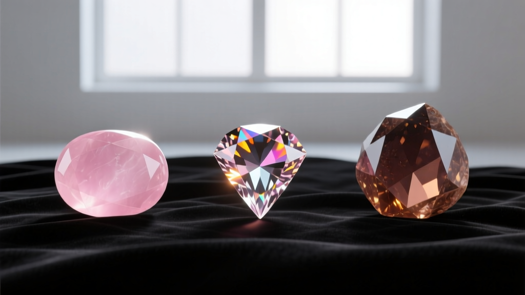 Side-by-side material comparison of a pink rose quartz cabochon, faceted morganite gem, and opaque rhodonite stone on dark velvet.