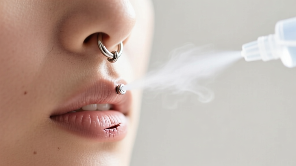 Macro photo of sterile saline spray gently misting a healed 16-gauge titanium septum clicker ring on a model in bright, soft light.