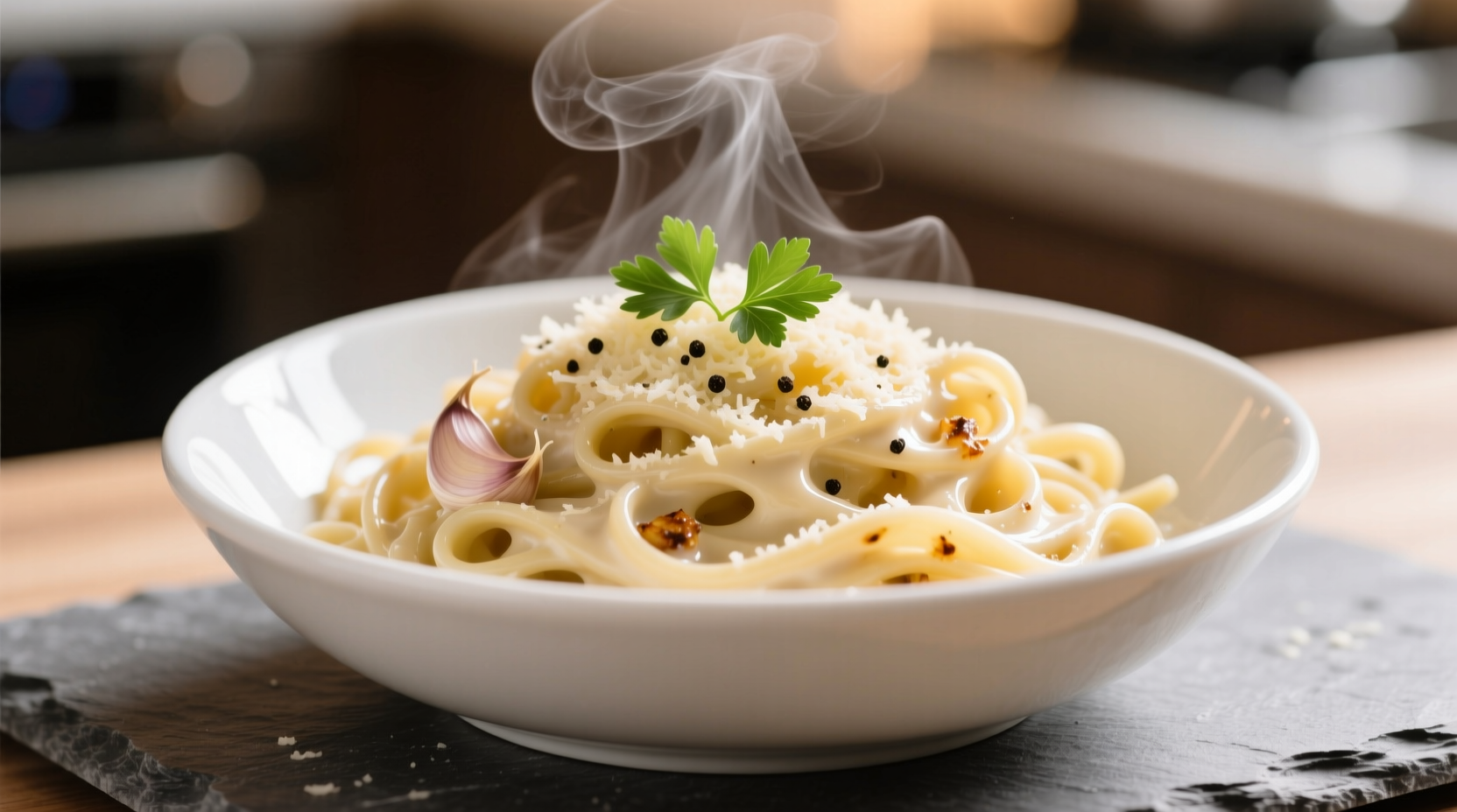 Creamy garlic parmesan noodles in white bowl